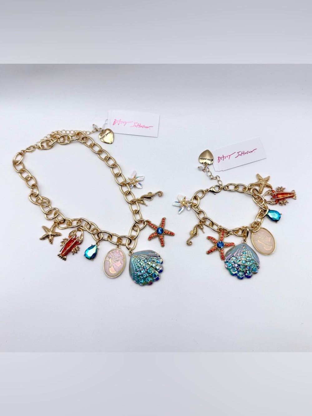 Betsey Johnson Gold Sea-Theme Charm Necklace - Iridescent Blue, Coral & Teal